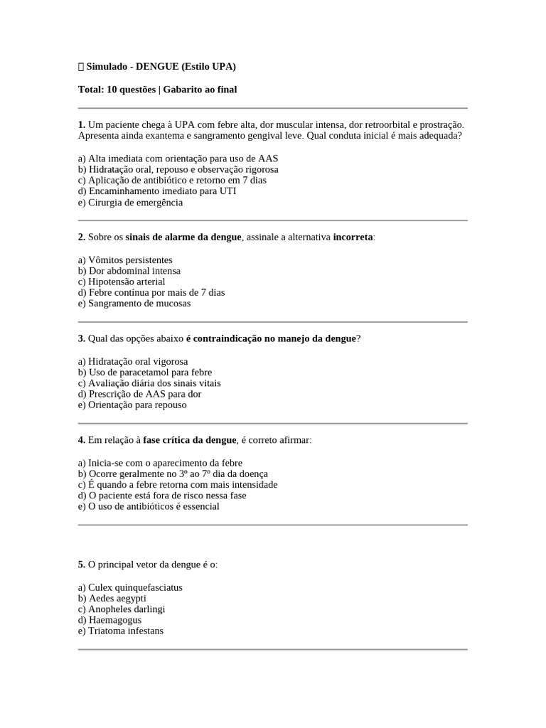 Simulado de Dengue: Questões e Gabarito | PDF | Doenças e distúrbios ...