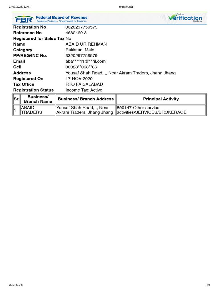 ABAID TRADERS Sales Tax Registration Details | PDF