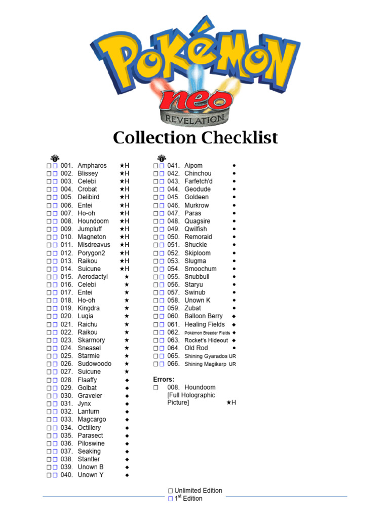 pokemon neo revelation card list Unown Checklist for Pokémon Collectors