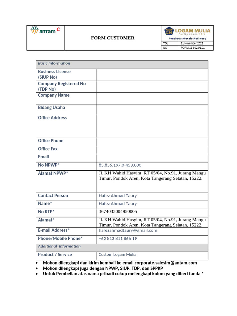 Formulir Pendaftaran Pelanggan Baru | PDF