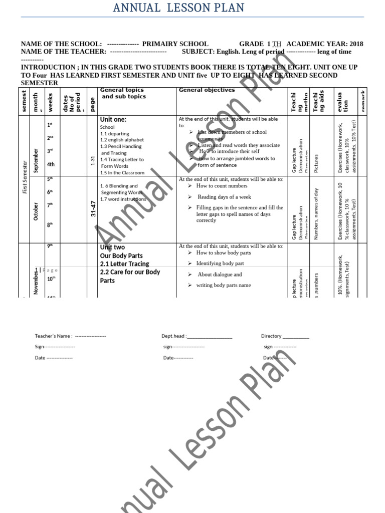 Grade 1 English Annual Lesson Plan | PDF | Education Theory | Pedagogy