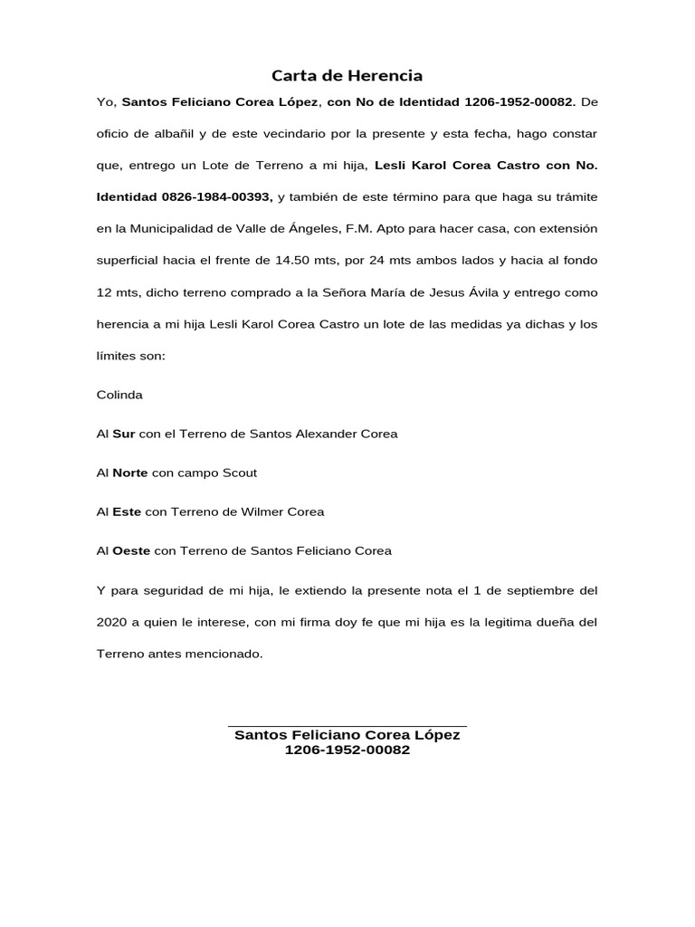 Carta de Herencia de Terreno Familiar | PDF