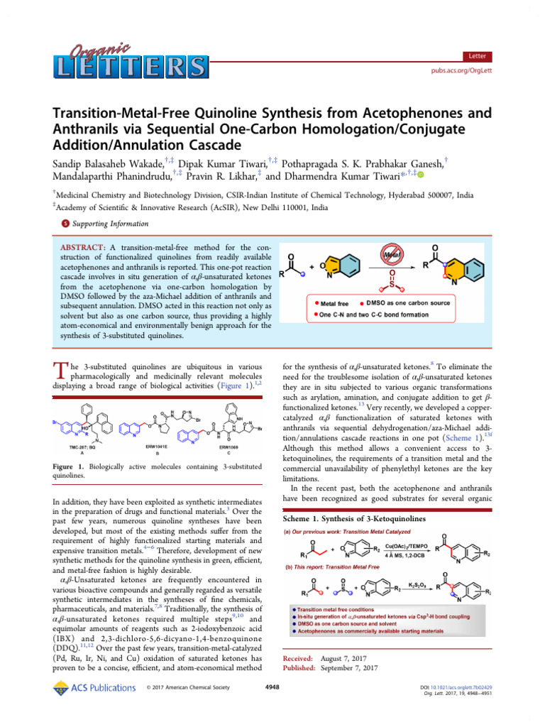 Metal-Free Synthesis of Quinoline Derivatives | PDF | Organic Synthesis ...