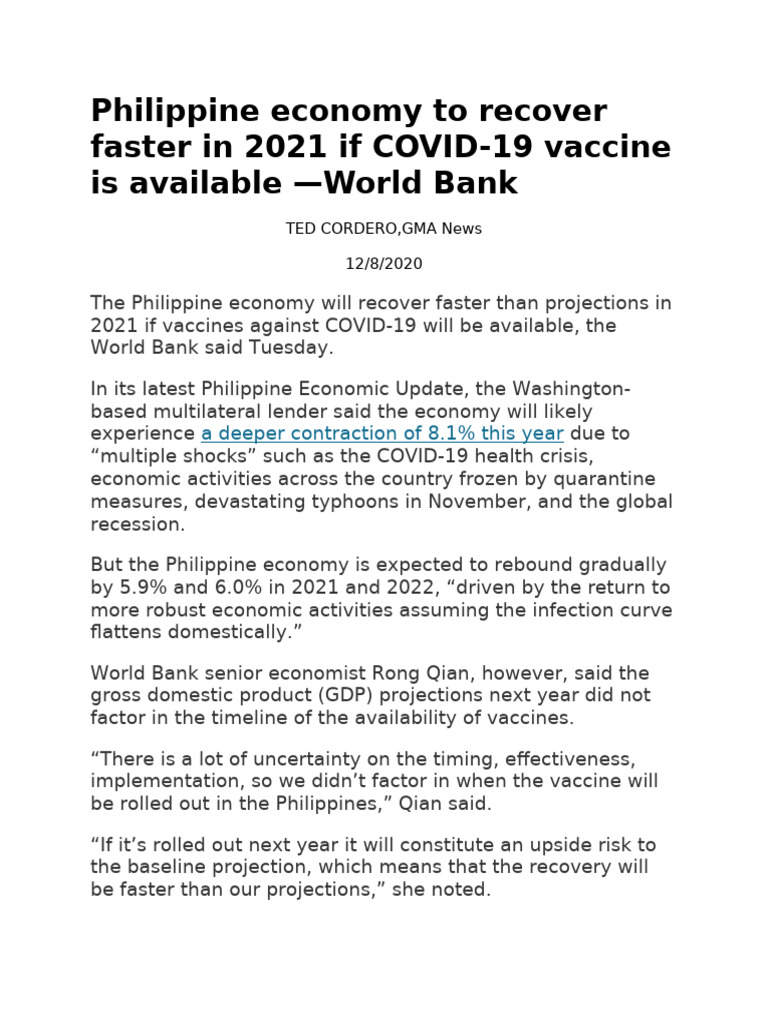 Philippine Economy To Recover Faster in 2021 If COVID | PDF | Recession ...