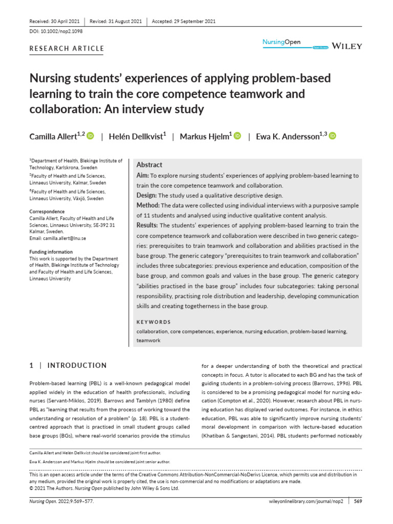 Nursing Students' Experiences of Applying Problem-Based | PDF | Nursing ...