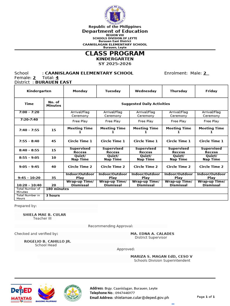Kindergarten Class Program 2025-2026 | PDF