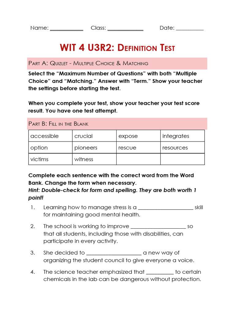 Definition Test: Quizlet & Fill-in-the-Blank | PDF