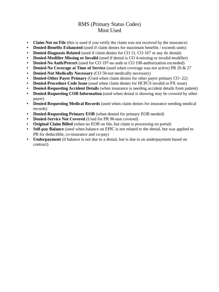 RMS Claim Denial Status Codes | PDF