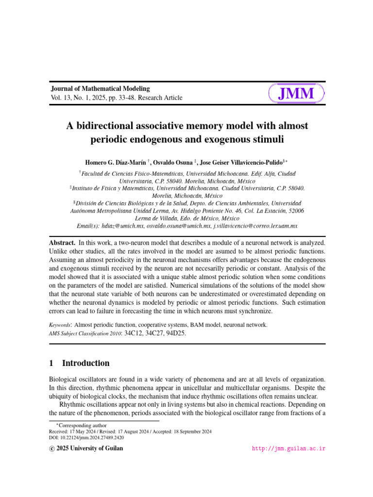 JMM Volume 13 Issue 1 Pages 33-48 | PDF | Neural Oscillation | Neuron