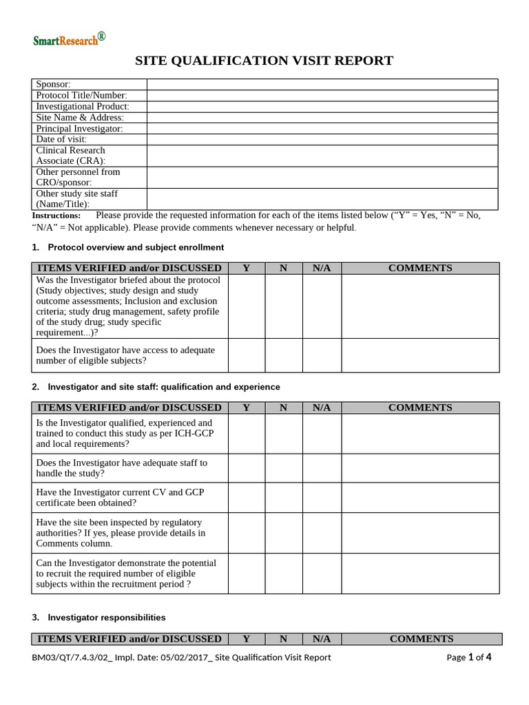 Site Qualification Visit Report | PDF | Institutional Review Board ...