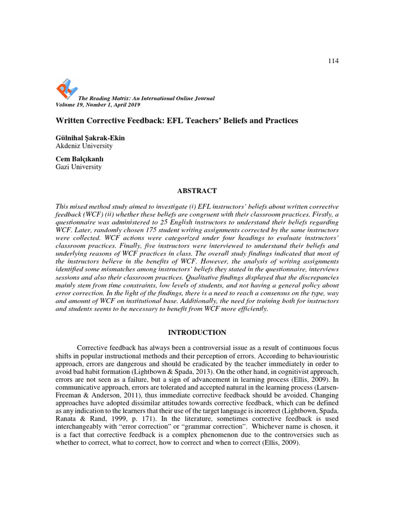 EFL Teachers' WCF Beliefs and Practices | PDF | English As A Second Or ...