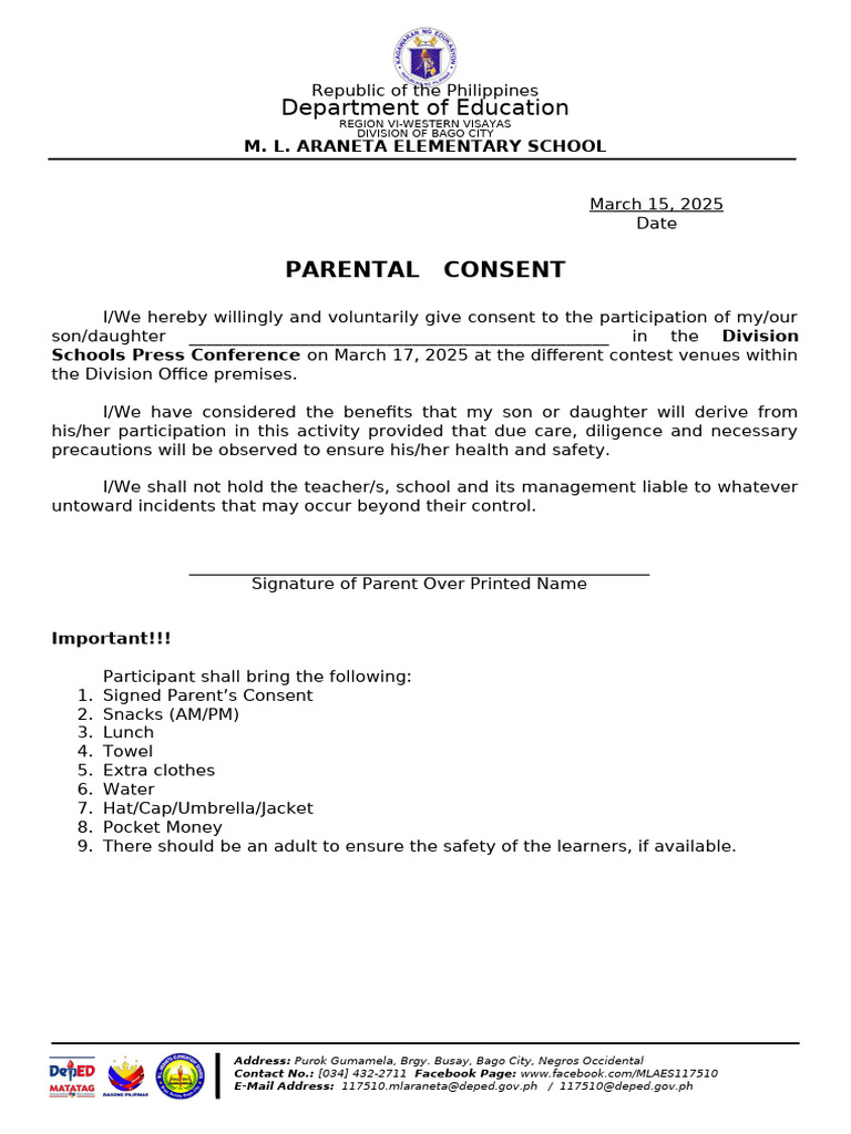 Parental Consent for School Activities | PDF