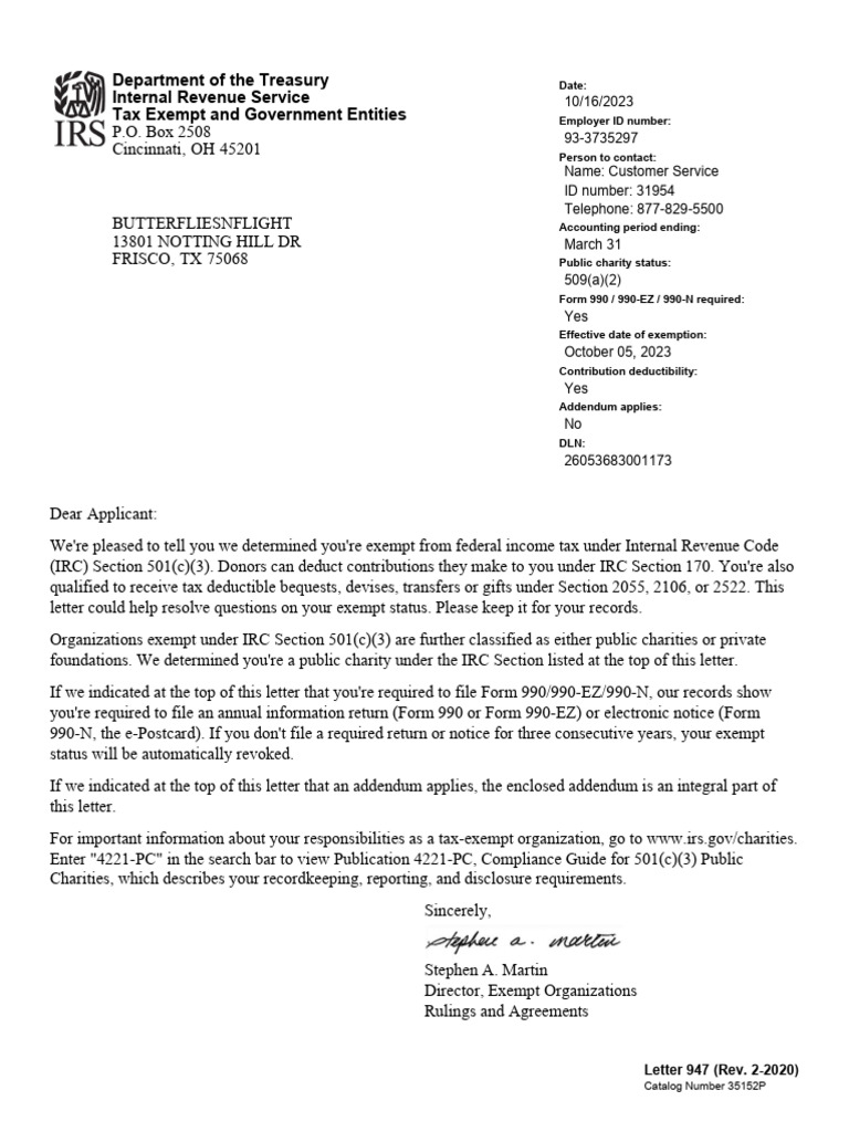 IRS 501(c)(3) Exemption Letter 2023 | PDF | 501(C) Organization ...