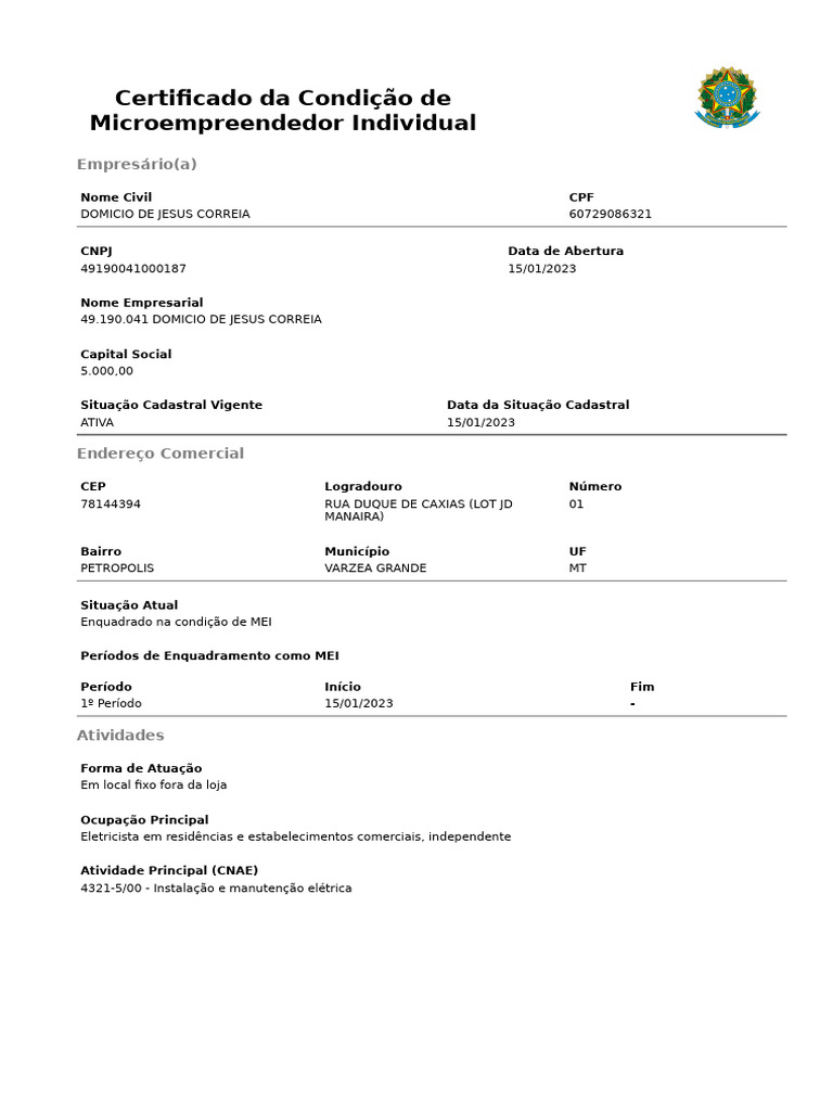 Certificado Da Condição de Microempreendedor Individual: Empresário (A ...