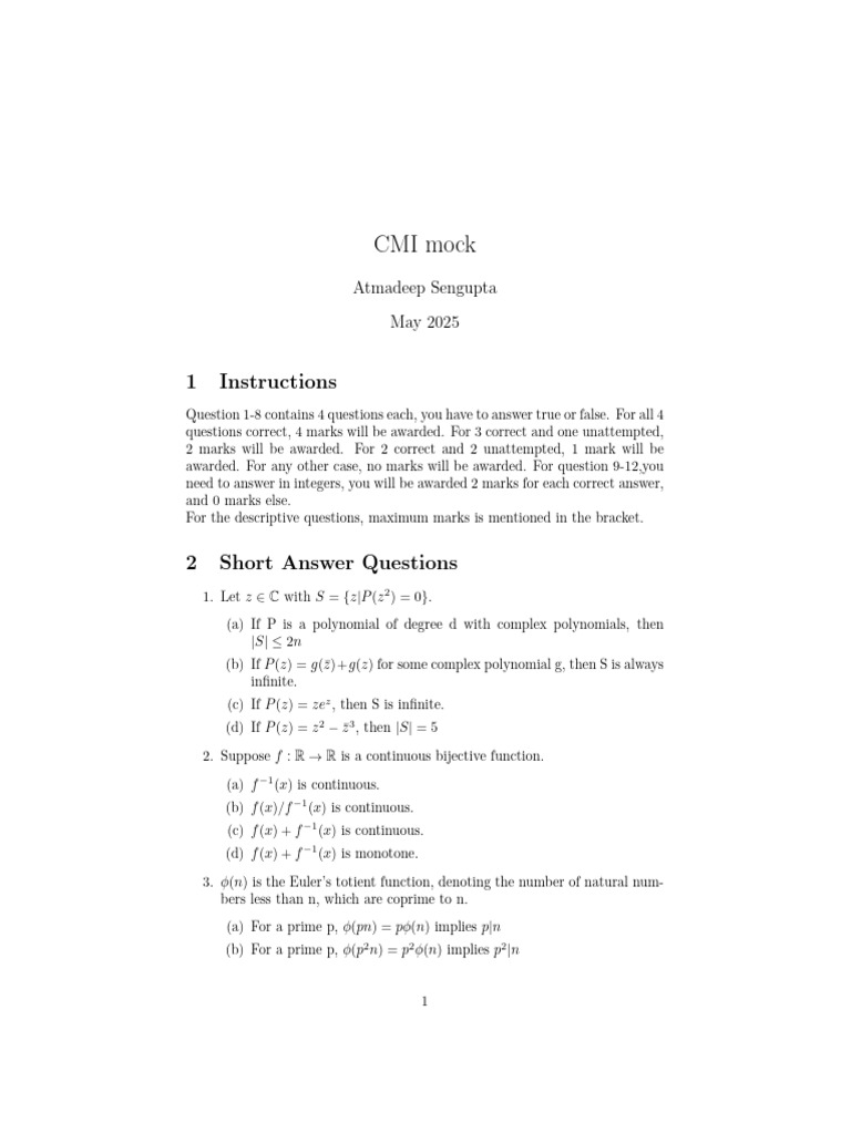 CMI Mock Exam Instructions and Questions | PDF | Elementary Mathematics ...
