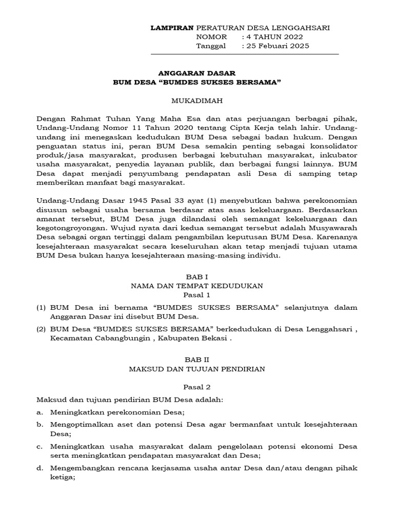 Contoh Anggaran Dasar BUMDes 2025 | PDF