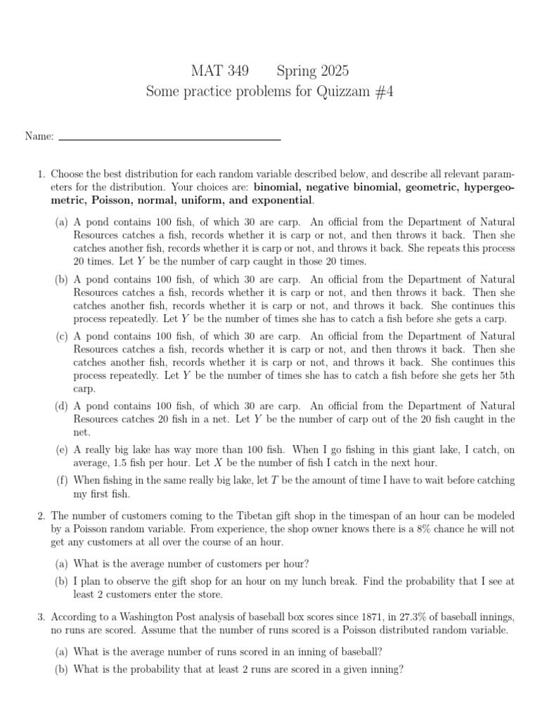 Named Distributions Practice Problems | PDF | Probability Distribution ...