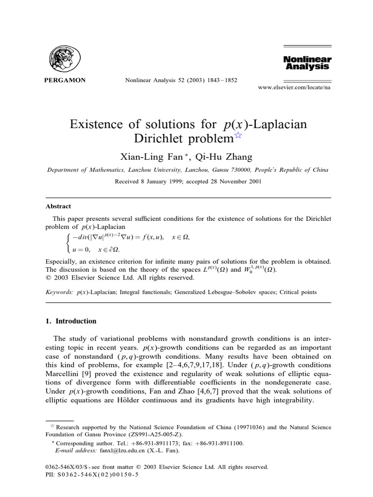 Existence of Solutions for p(x)-Laplacian | PDF | Theorem | Nonlinear ...