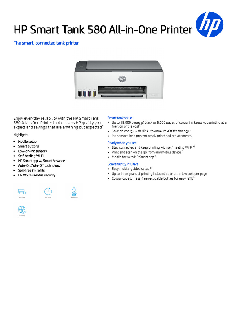 HP Smart Tank 580 Printer Overview | PDF | Printer (Computing) | Image ...