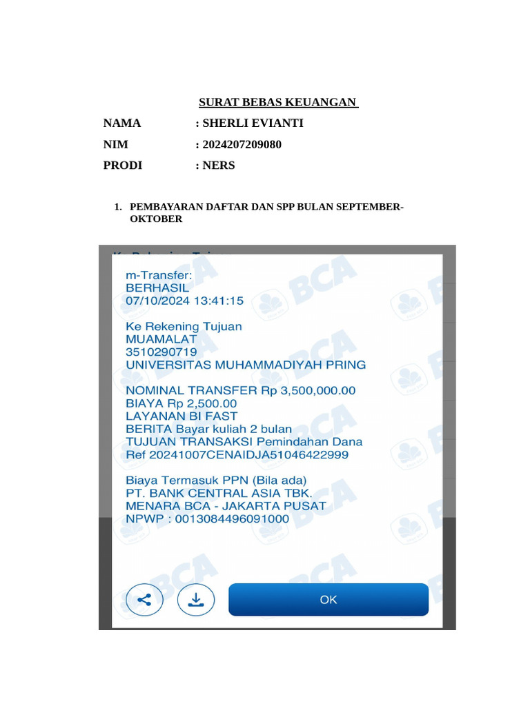Surat Bebas Keuangan Sherli Evianti | PDF