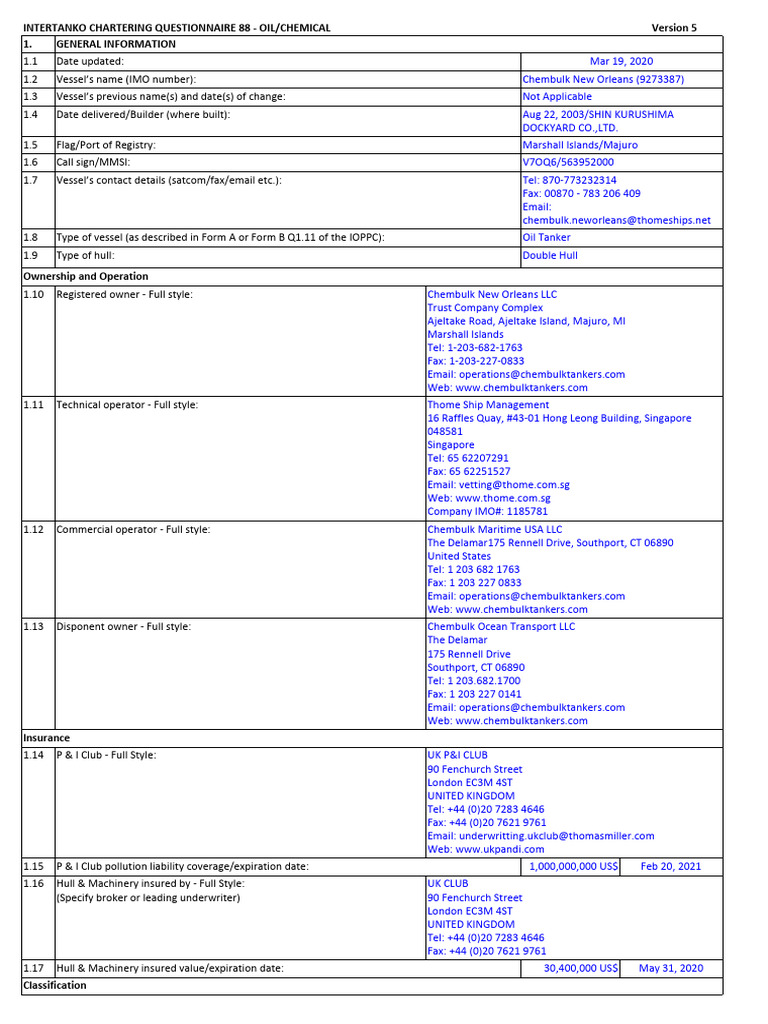 Chembulk Tanker Operational Details | PDF | Ships | Tonnage