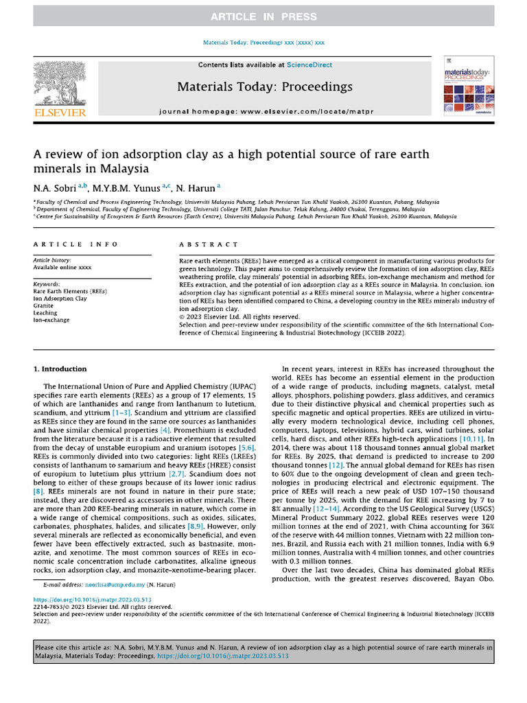 A Review of Ion Adsorption Clay As A High Potential Source of Rare ...
