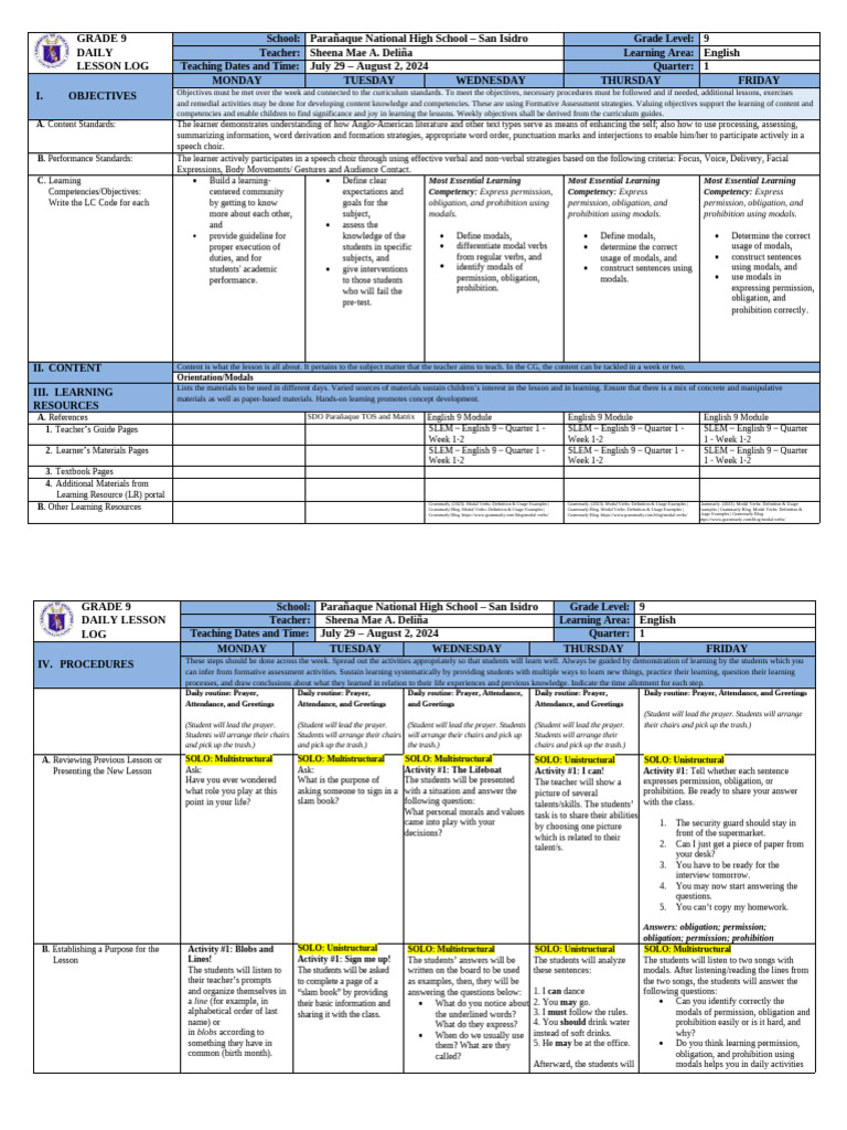 Grade 9 English Lesson Plan: Modals | PDF | Learning | English Language