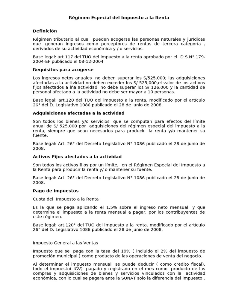 Régimen Especial del Impuesto a la Renta | PDF | Impuestos | Pequeñas y ...