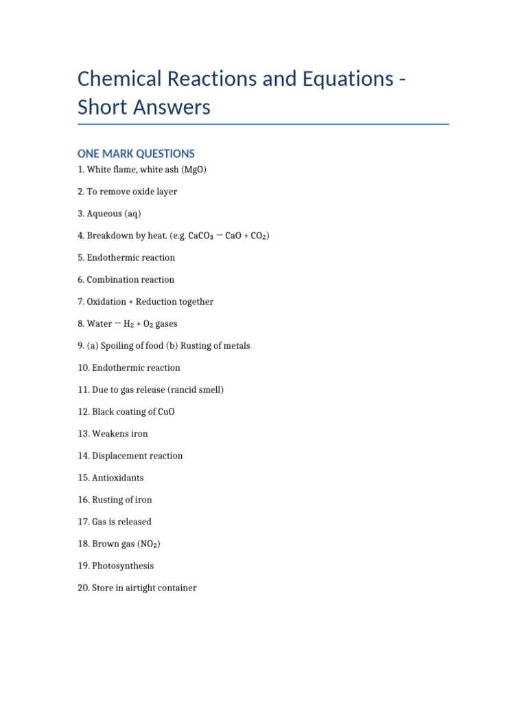 Chemical Reactions: Short Answer Guide | PDF | Chemical Reactions | Redox