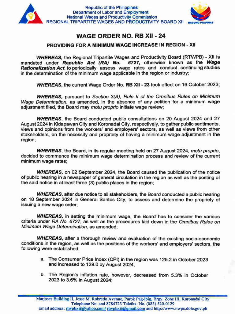 Wage Order No. RB XII 24 SGD | PDF