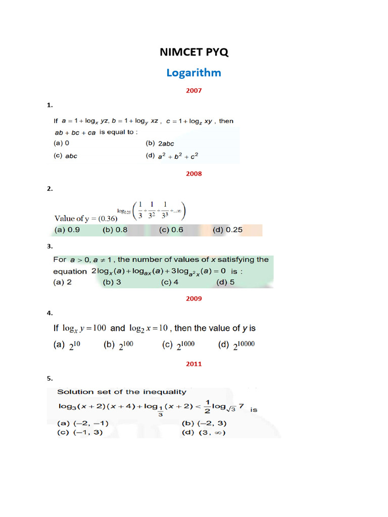 NIMCET Logarithm PYQ Answers 2007-2022 | PDF