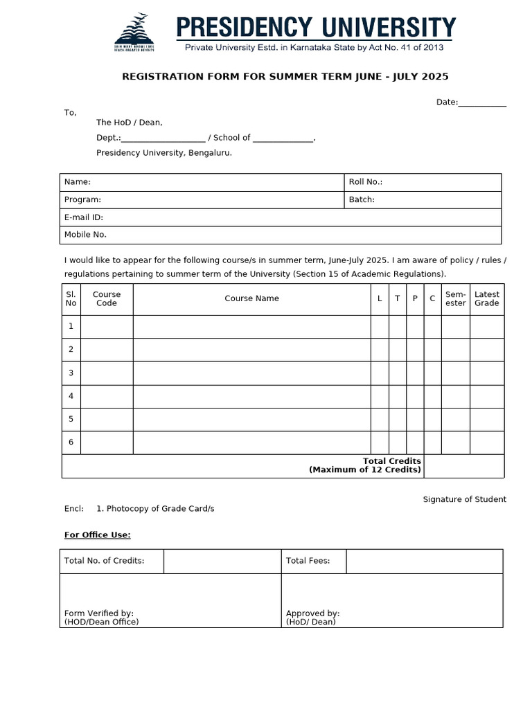 Registration Form For Summer Term June | PDF