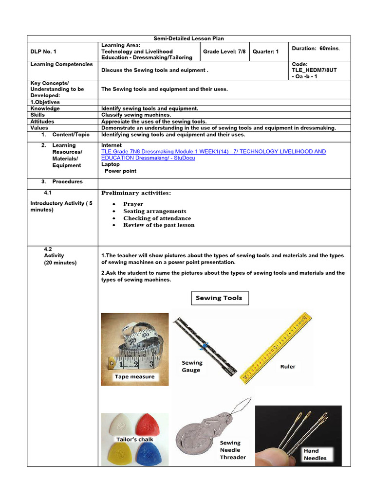 Lesson Plan: Sewing Tools for Grades 7-8 | PDF | Sewing | Seam (Sewing)