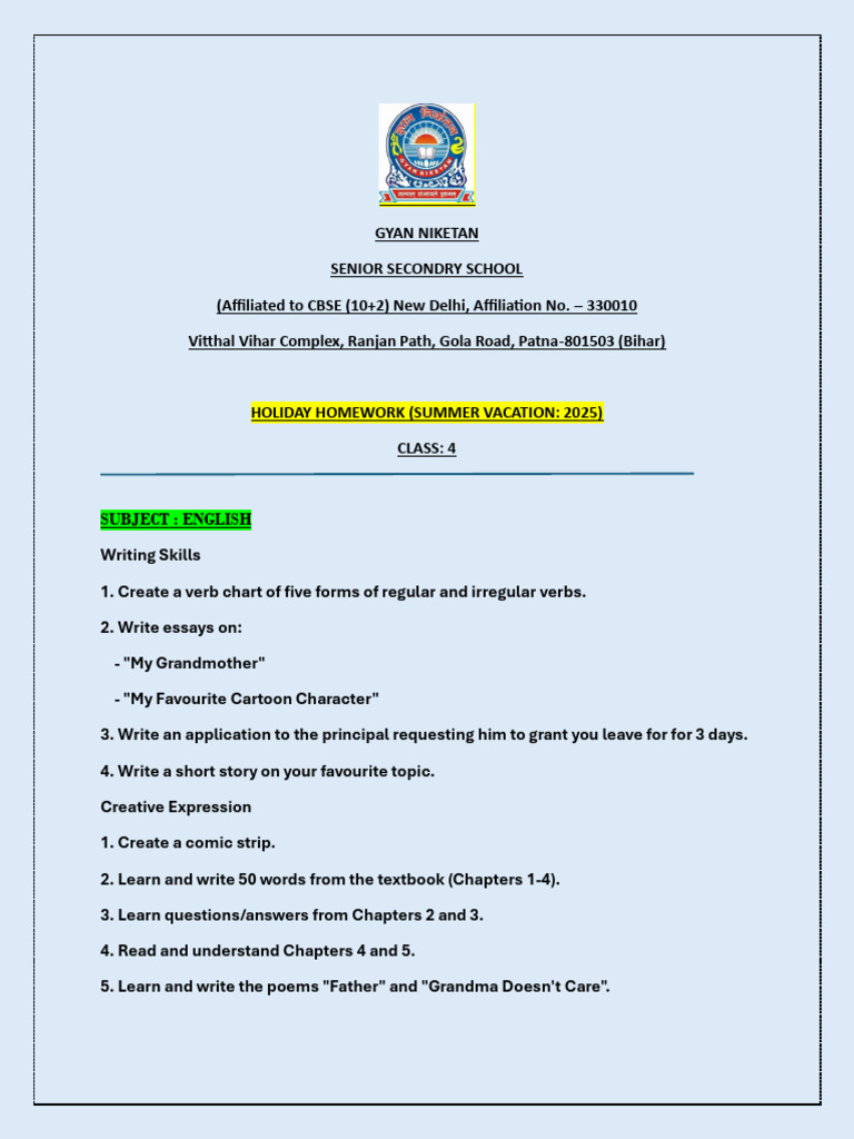 Class 4 Summer Vacation Homework 2025 | PDF