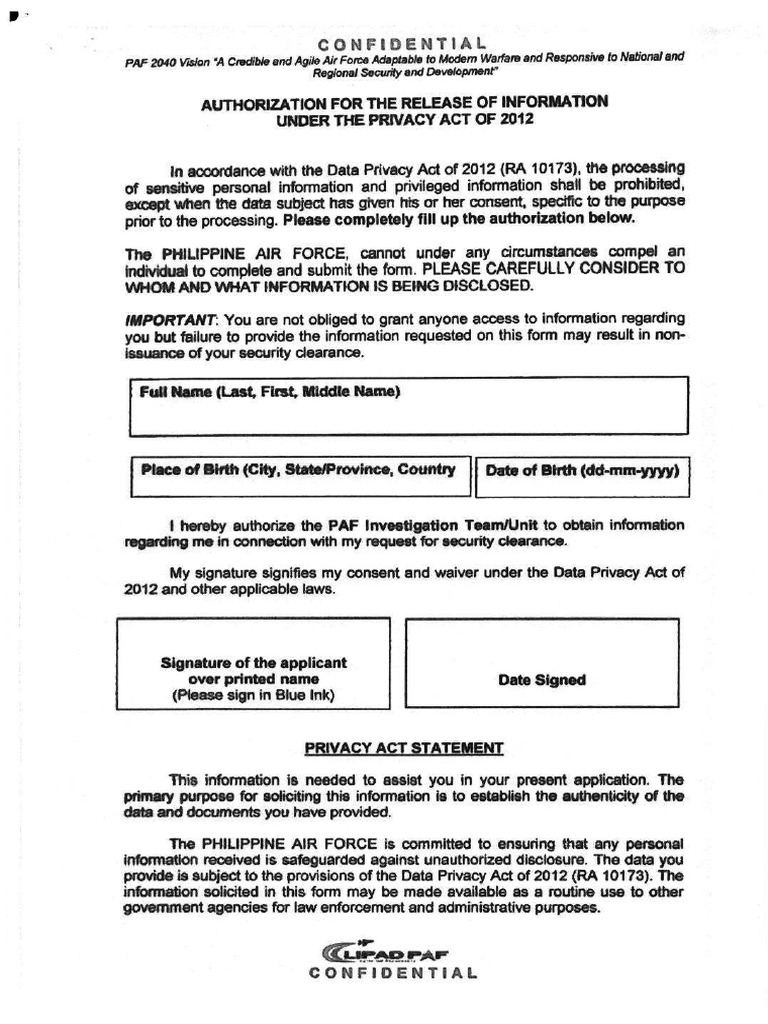 Security Declaration for AFP Personnel | PDF | Classified Information