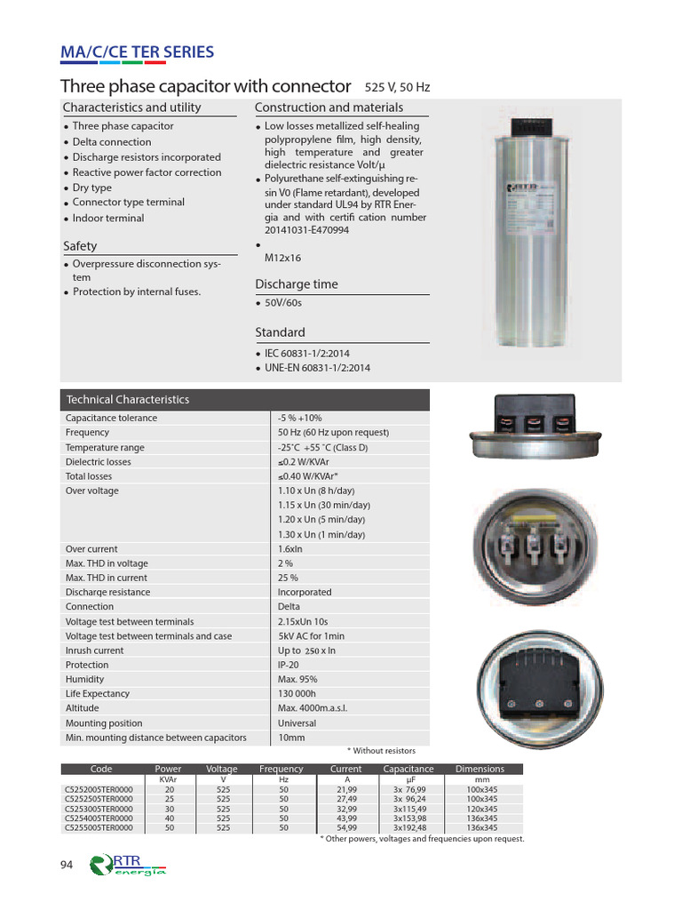 RTR Capacitor Technical Specifications | PDF | Capacitor | Electricity