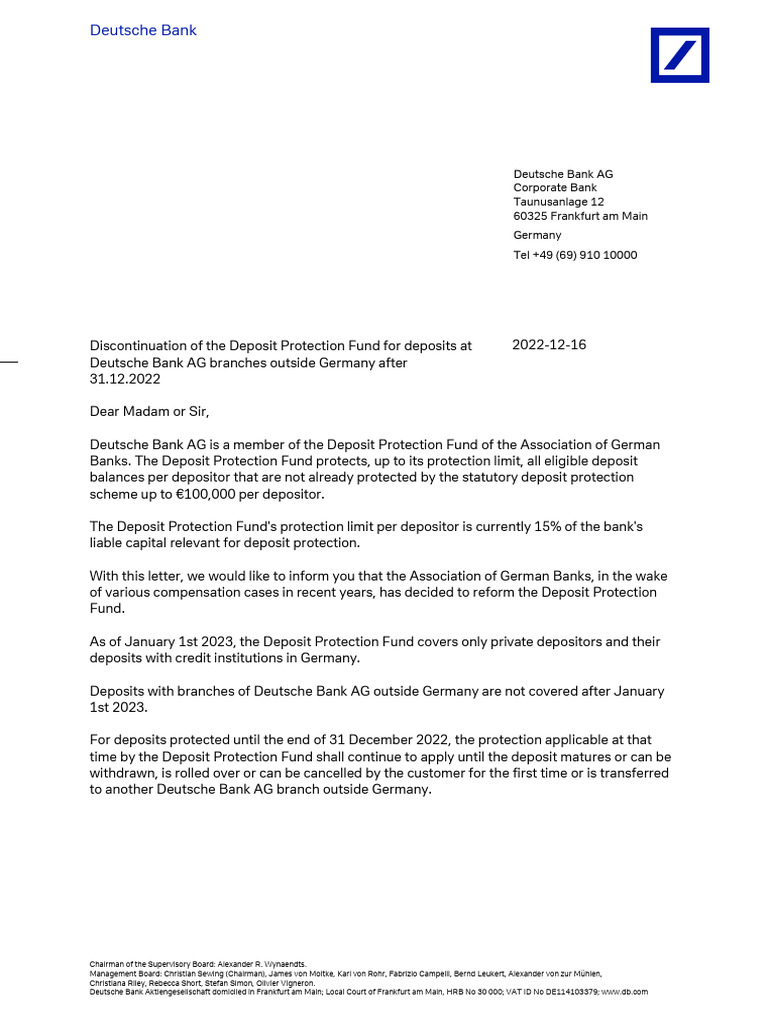 Reform of Deposit Protection Fund Notice | PDF | Business | Deutsche Bank