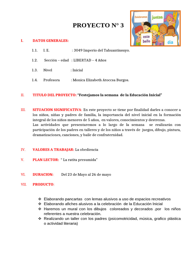 Proyecto N 3 Festejemos La Semana de La Educacion Inicial 1 | PDF ...