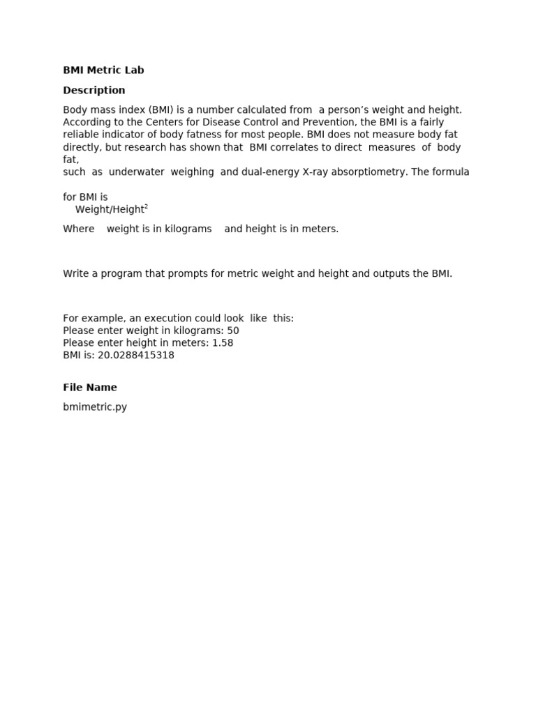 Calculate BMI Using Metric Units | PDF