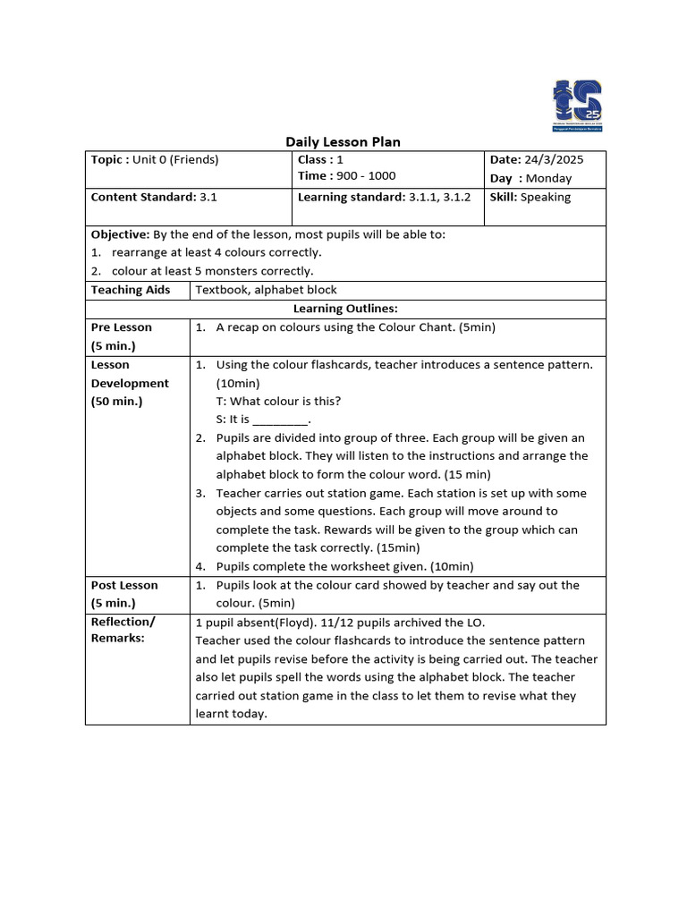 Daily Lesson Plan: Topic: Class: Time: Date: Day: Content Standard ...