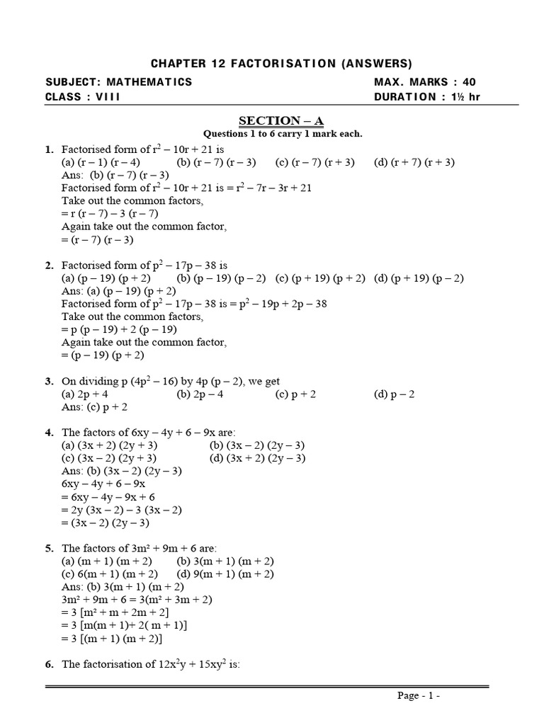 Class VIII Factorisation Practice Paper | PDF | Factorization | Chess