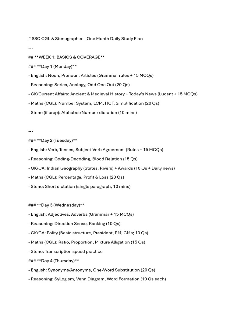 SSC CGL & Steno 1-Month Study Plan | PDF | Verb | English Language