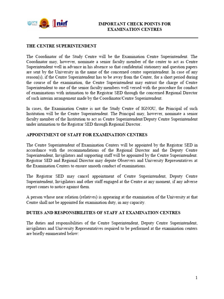 Check Points For Examination Centres | PDF