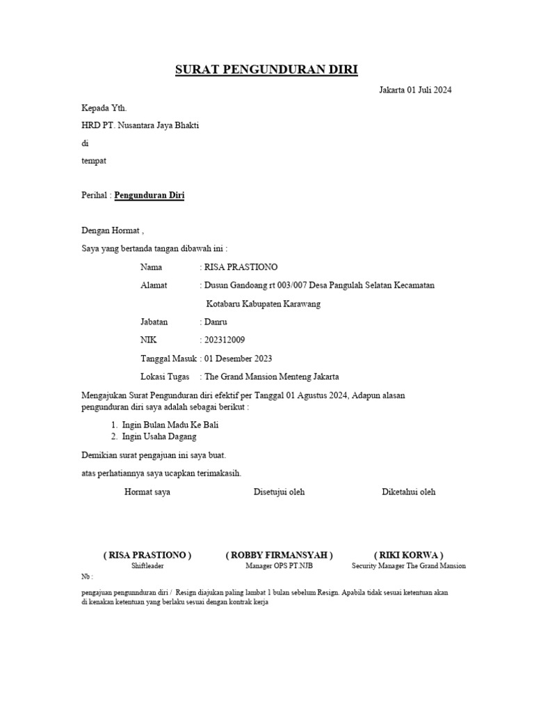 Surat Pengunduran Diri Risa Prastiono | PDF