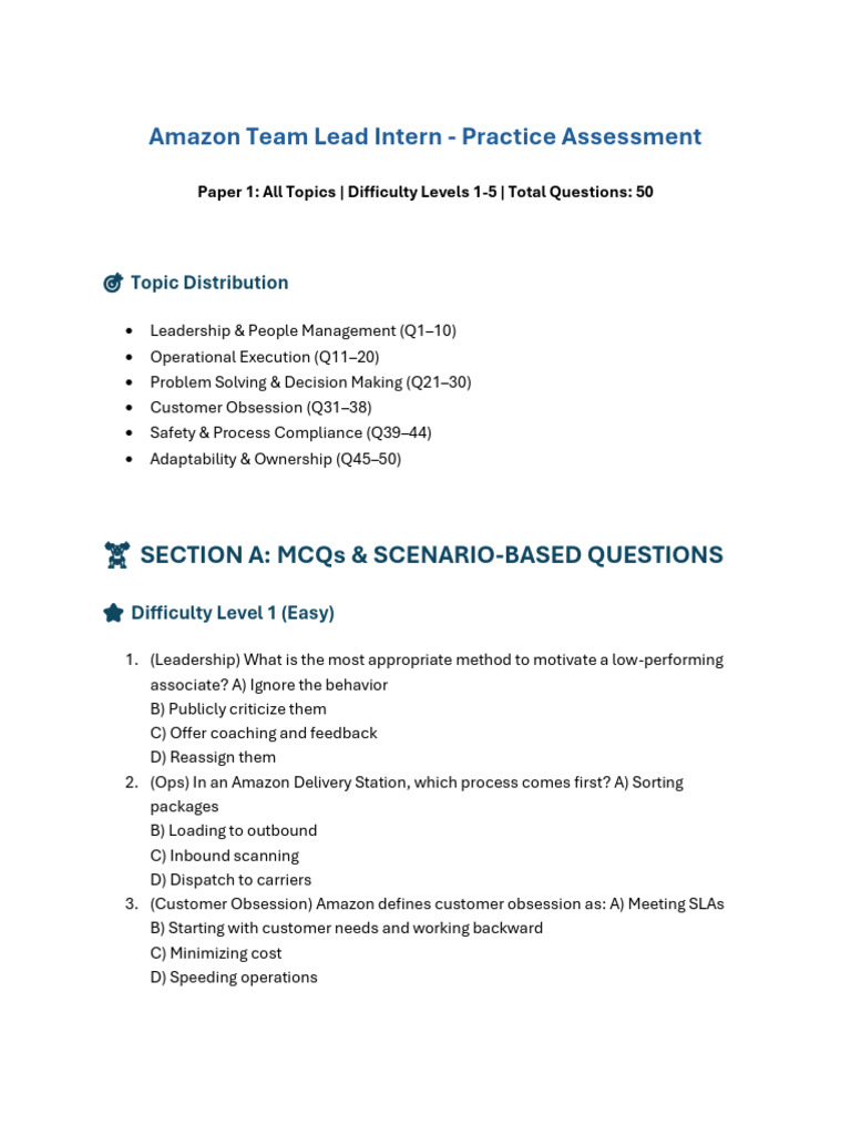 Amazon Team Lead Intern Assessment Guide | PDF | Business
