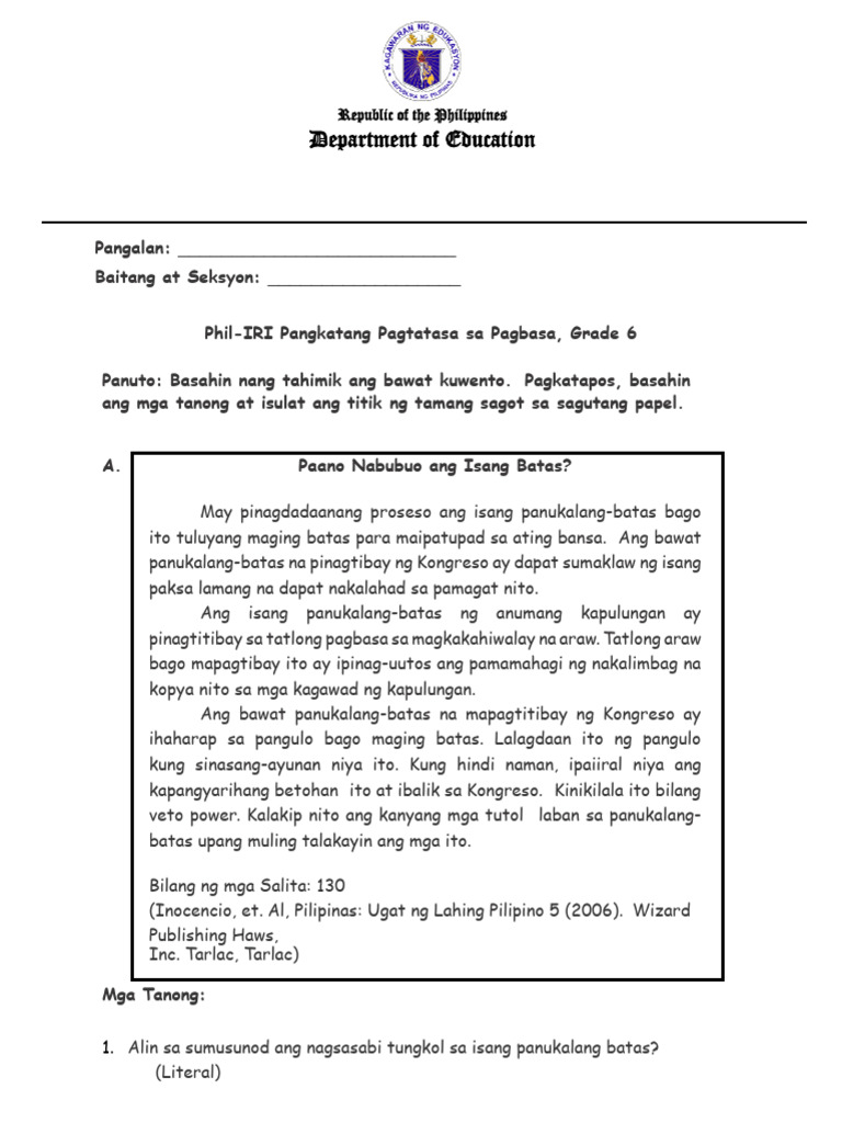 Phil Iri GST Filipino 6 | PDF