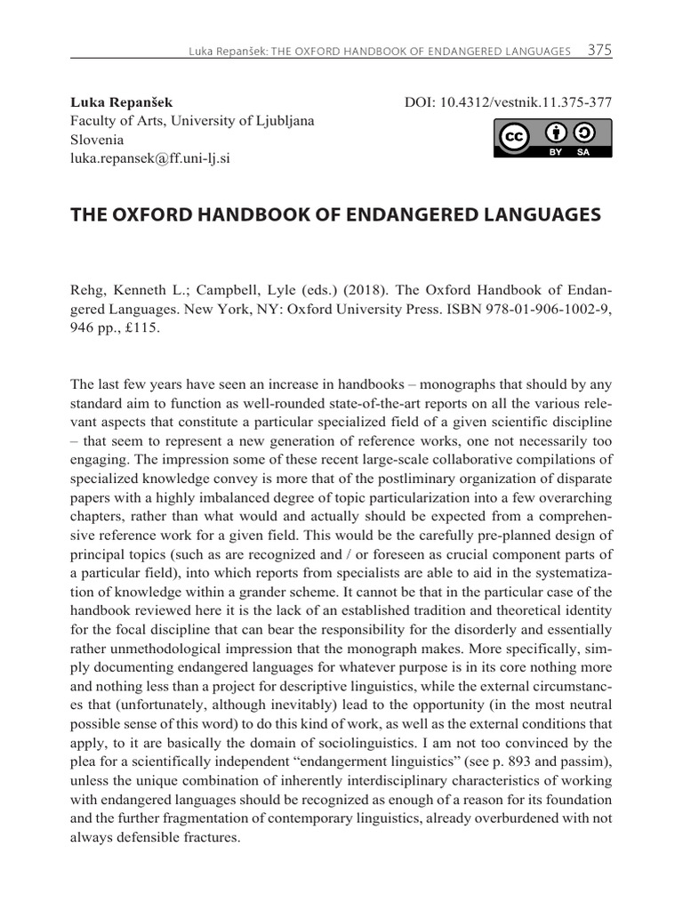 Review of The Oxford Handbook on Endangered Languages | PDF ...