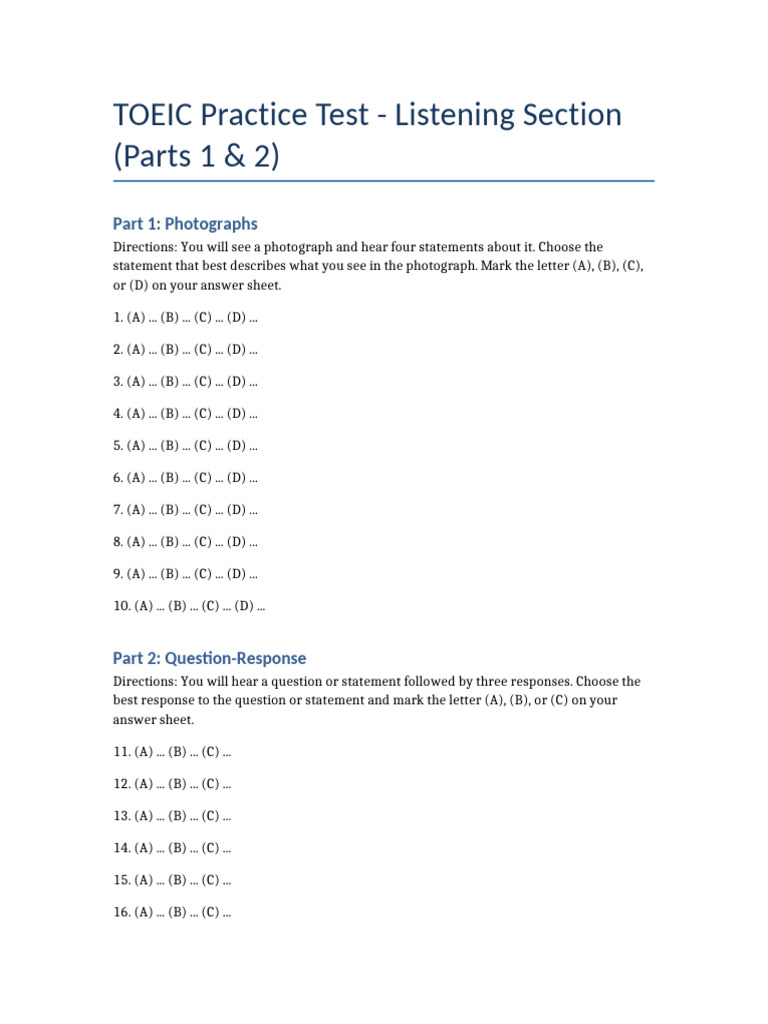 TOEIC Listening Test Responses Guide | PDF