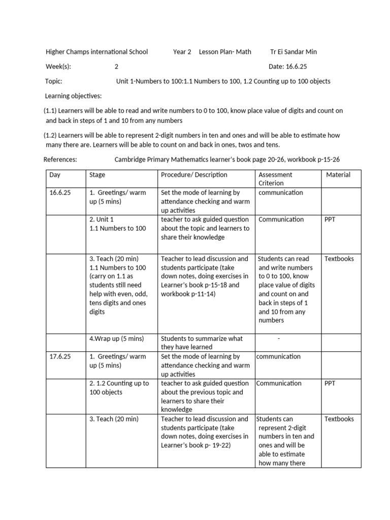 Year 2 Math Lesson Plan: Numbers to 100 | PDF | Lesson Plan | Teachers