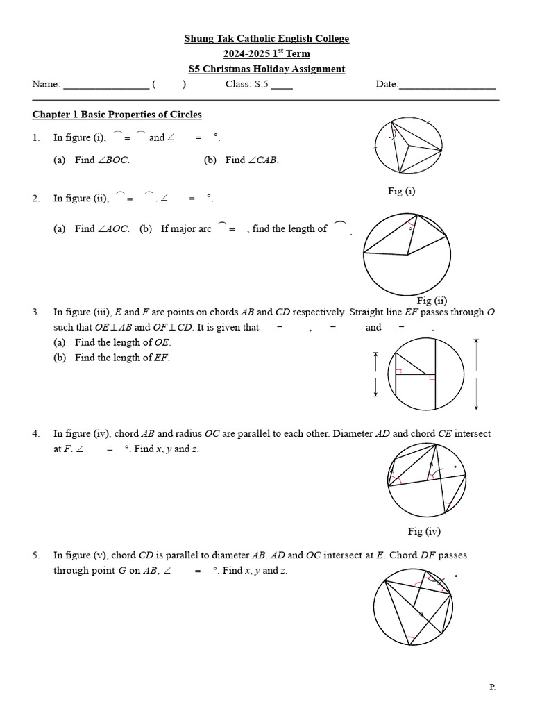 S5 Holiday Math Assignment 2024-2025 | PDF | Circle | Euclidean Geometry
